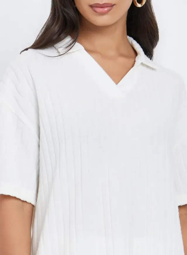 White Ribbed Collared Oversized Short-Sleeve Top – image 4