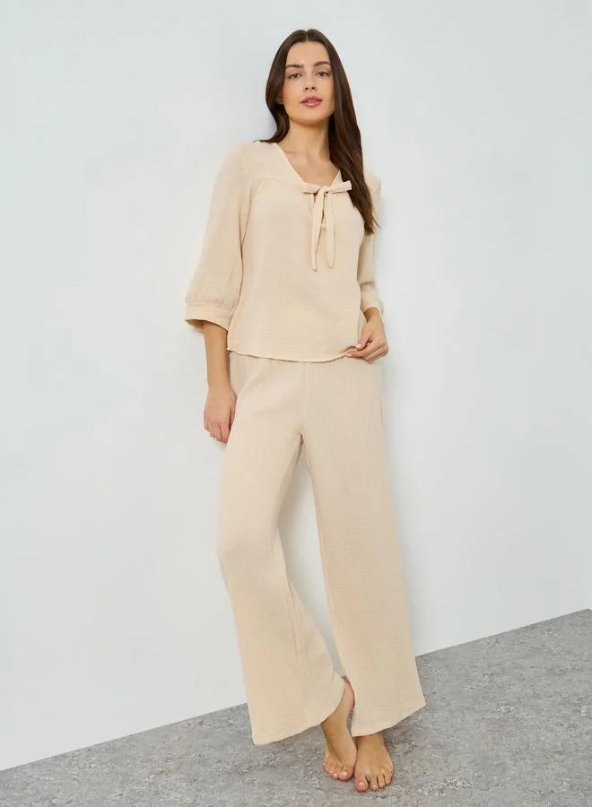 Double Gauze Cotton Tie Front Pyjama Set Beige