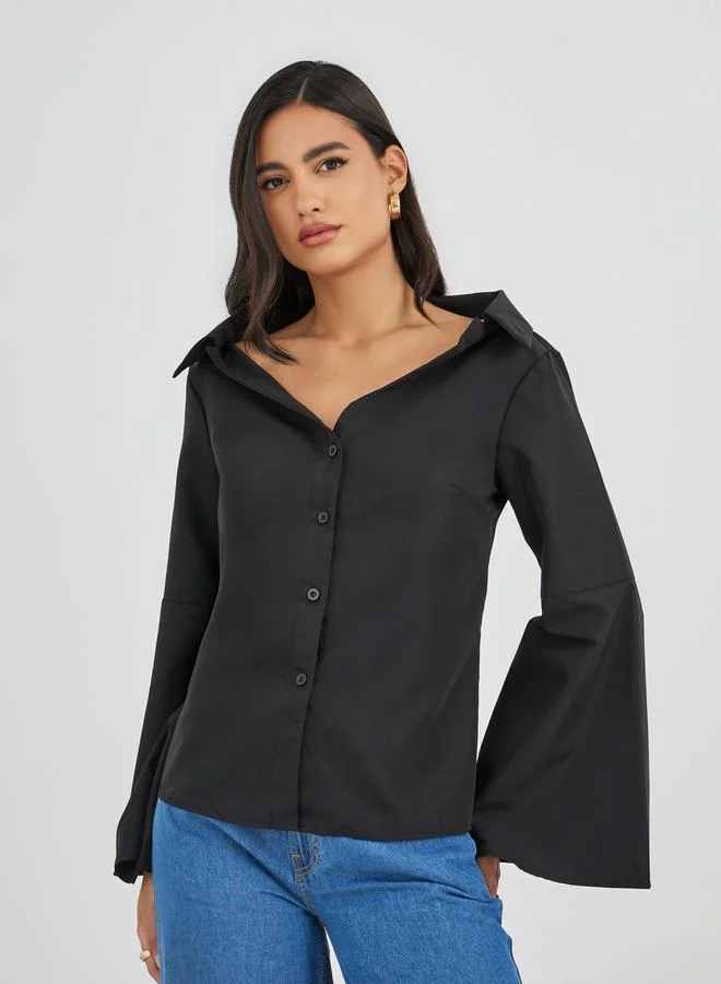 Off-Shoulder Button-Down Shirt Black