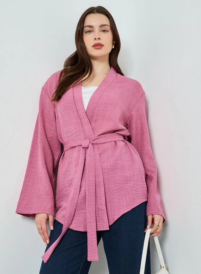 Women's Plain Kimono with Belt Pink