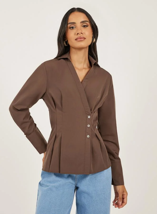 Styli Women Pleated Wrap Shirt Brown