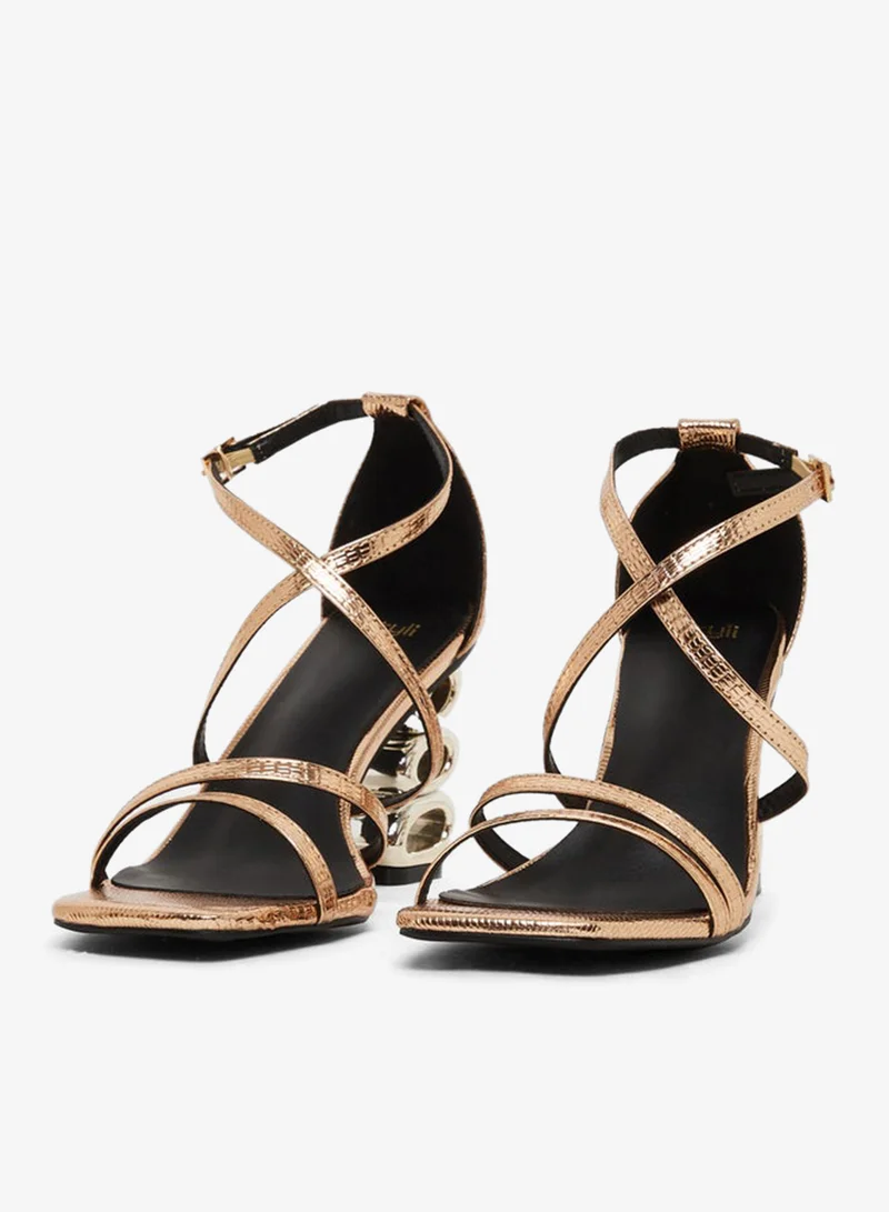 Metallic Strappy Tiered Heel Sandals Pale Taupe