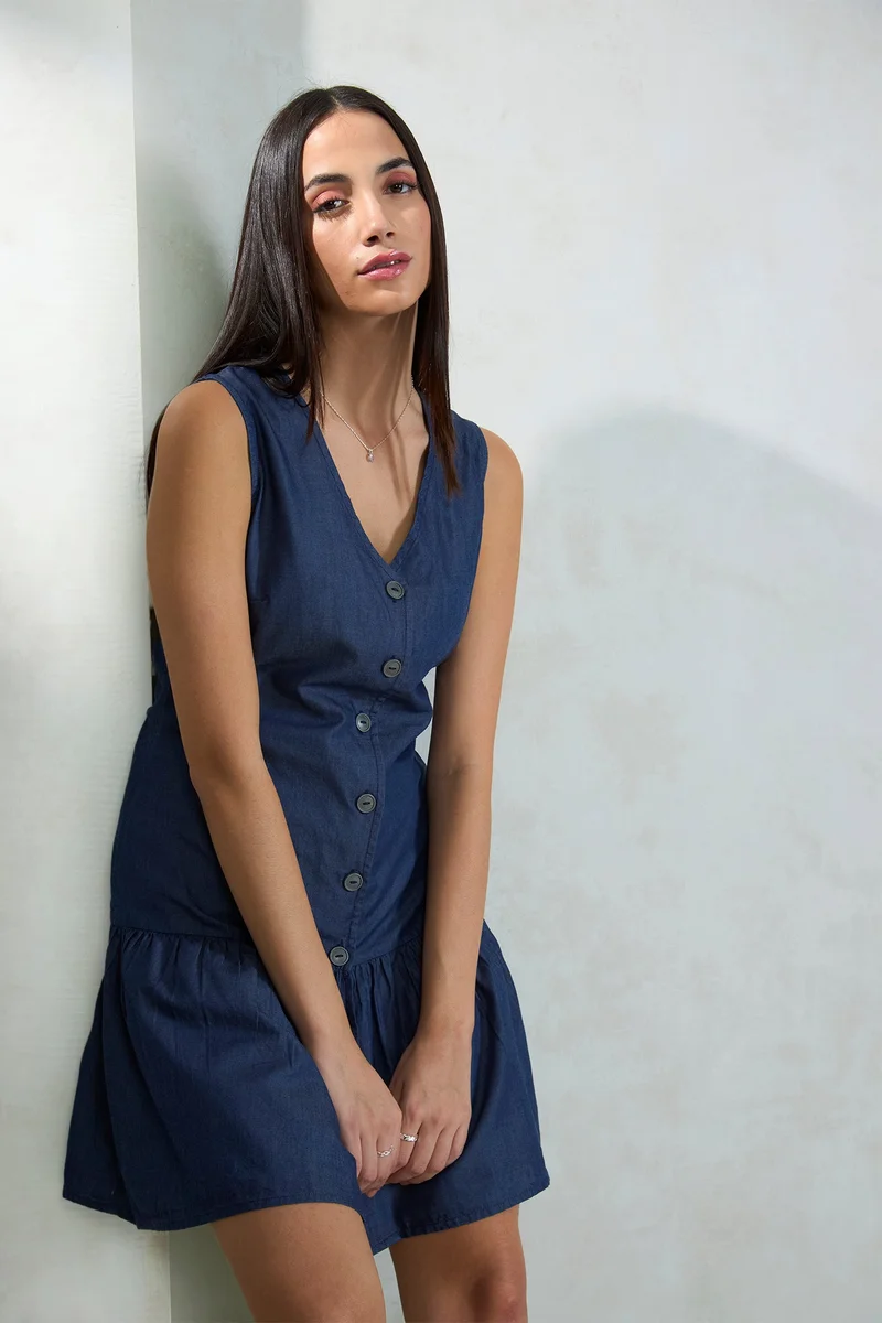 Virgio V-Neck Pleated Denim Drop-Waist Dress Denim Blue