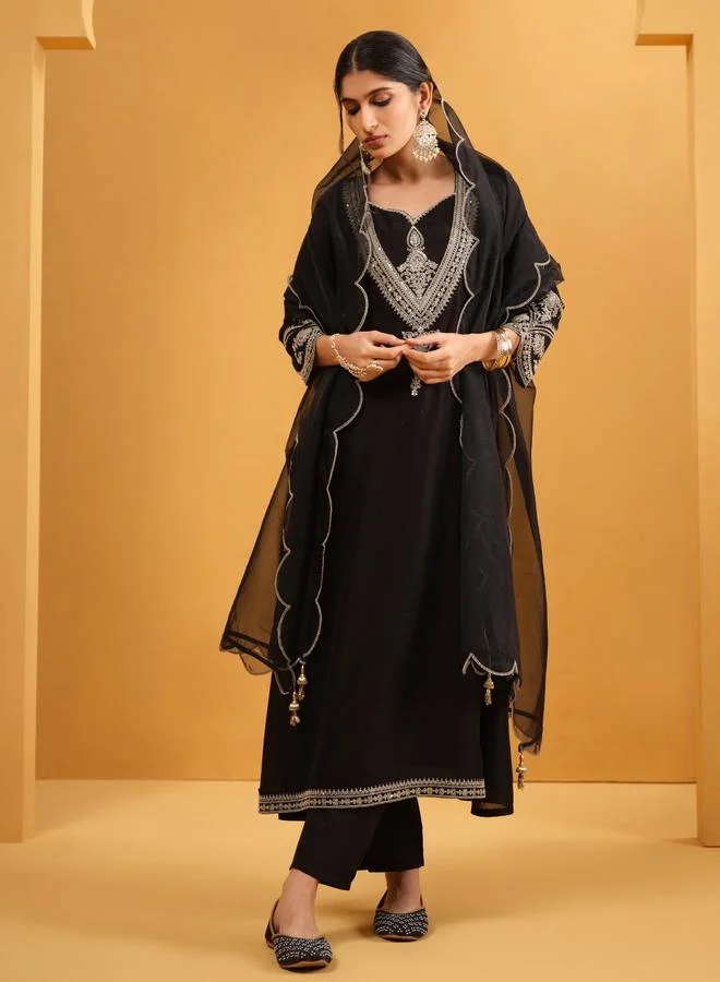 Women's Silk Blend Embellished Kurta Palazzo Set Black