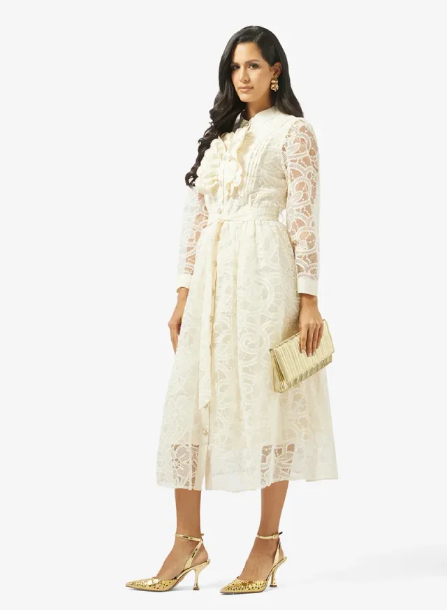 Ivory Lace A-line Midi Dress with Long Sleeves and Collar – image 4