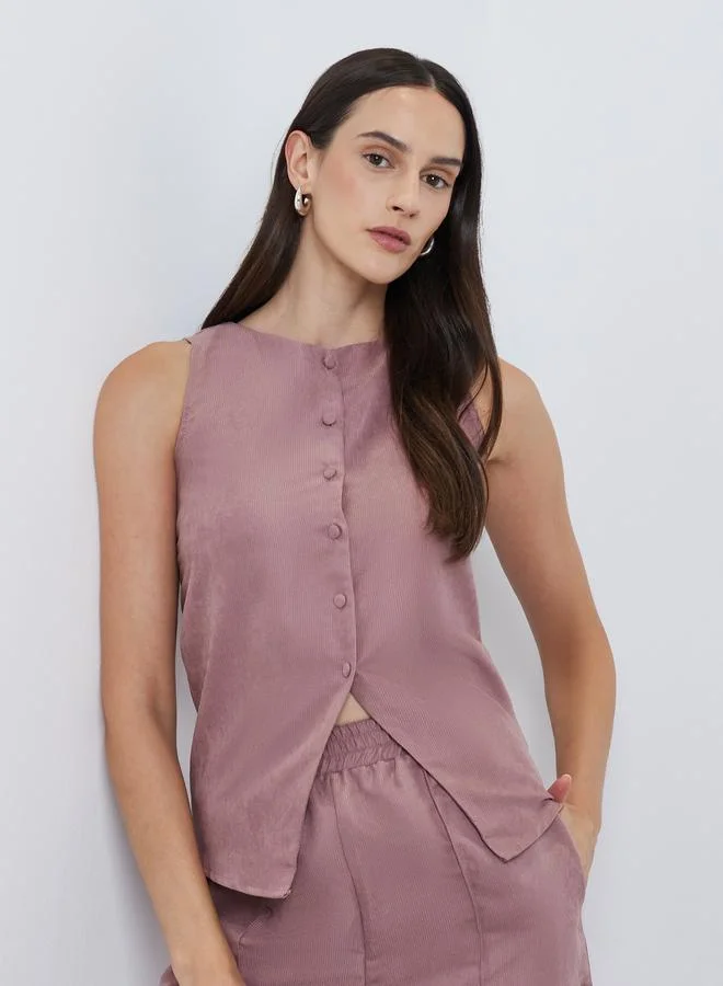 Styli Textured Buttoned Sleeveless Top Pink
