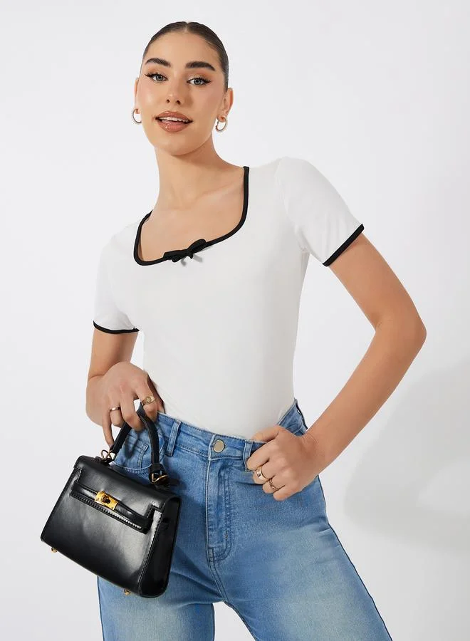 Ribbed Square Neck Top with Piping Detail White