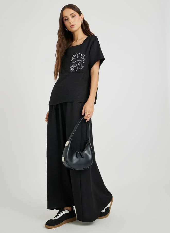 Take Two Embroidered Square Neck Top and Skirt Co-ord Black