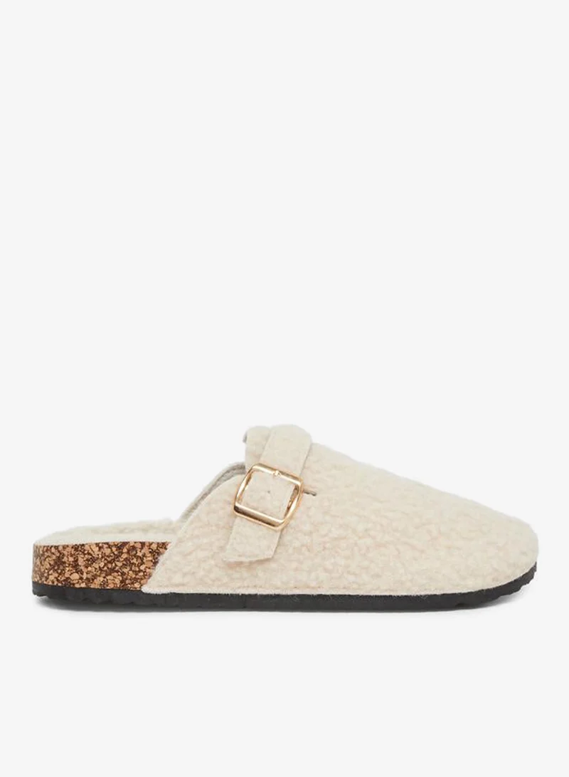 Styli Fluffy Buckle Slippers Beige