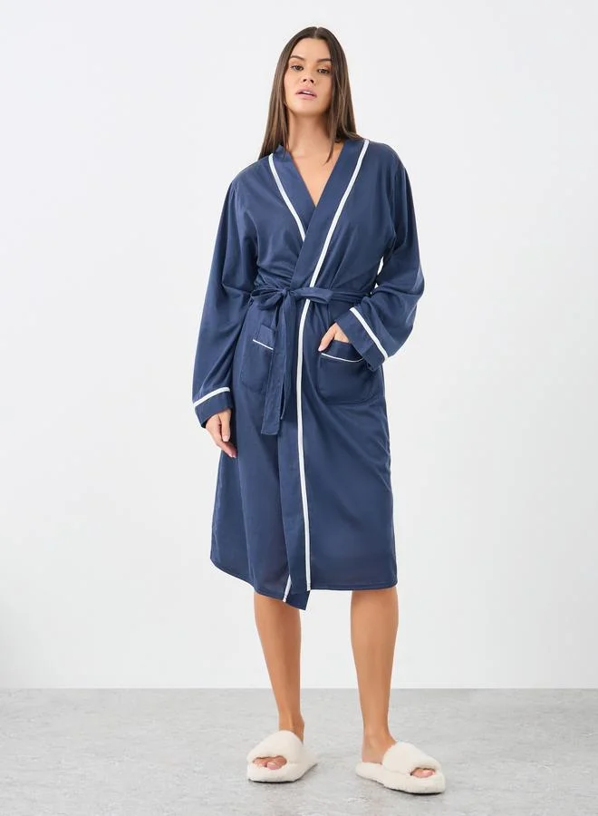Styli Contrast Piping Robe Deep Blue
