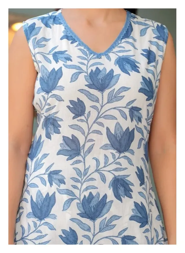Leaf Print Sleeveless Kurta Set Blue – image 4
