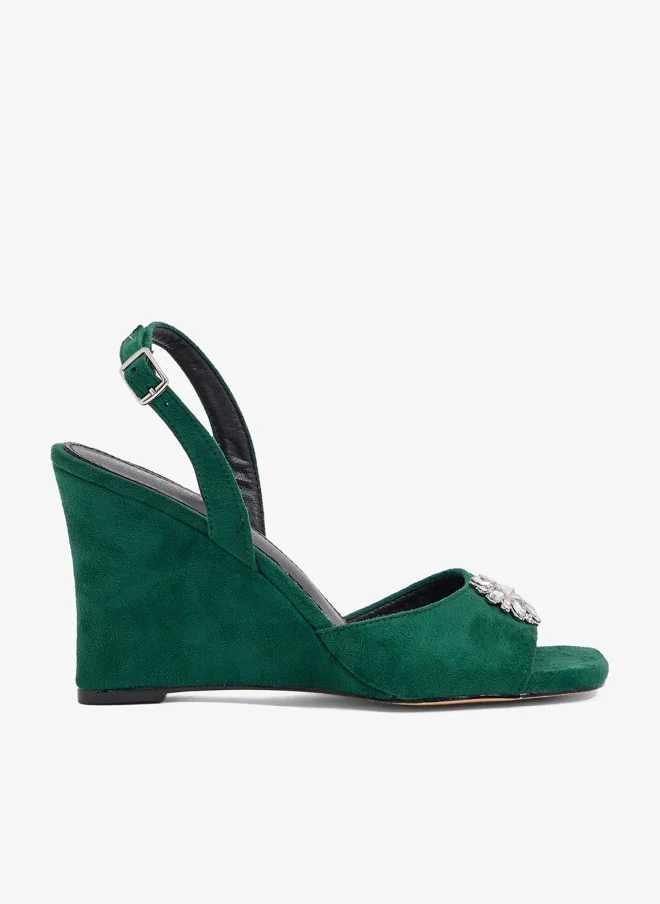 Crystal Flower Slingback Wedge Sandal Green