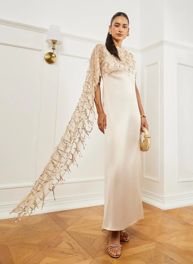 Gold Embellished Cape Maxi Dress Beige