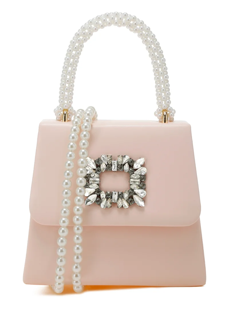 Pearl Handle Diamante Brooch Bag White