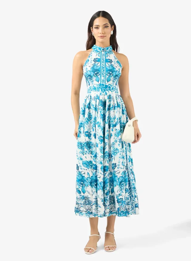 Blue and White Floral Halter Neck Midi Fit & Flare Dress – image 4