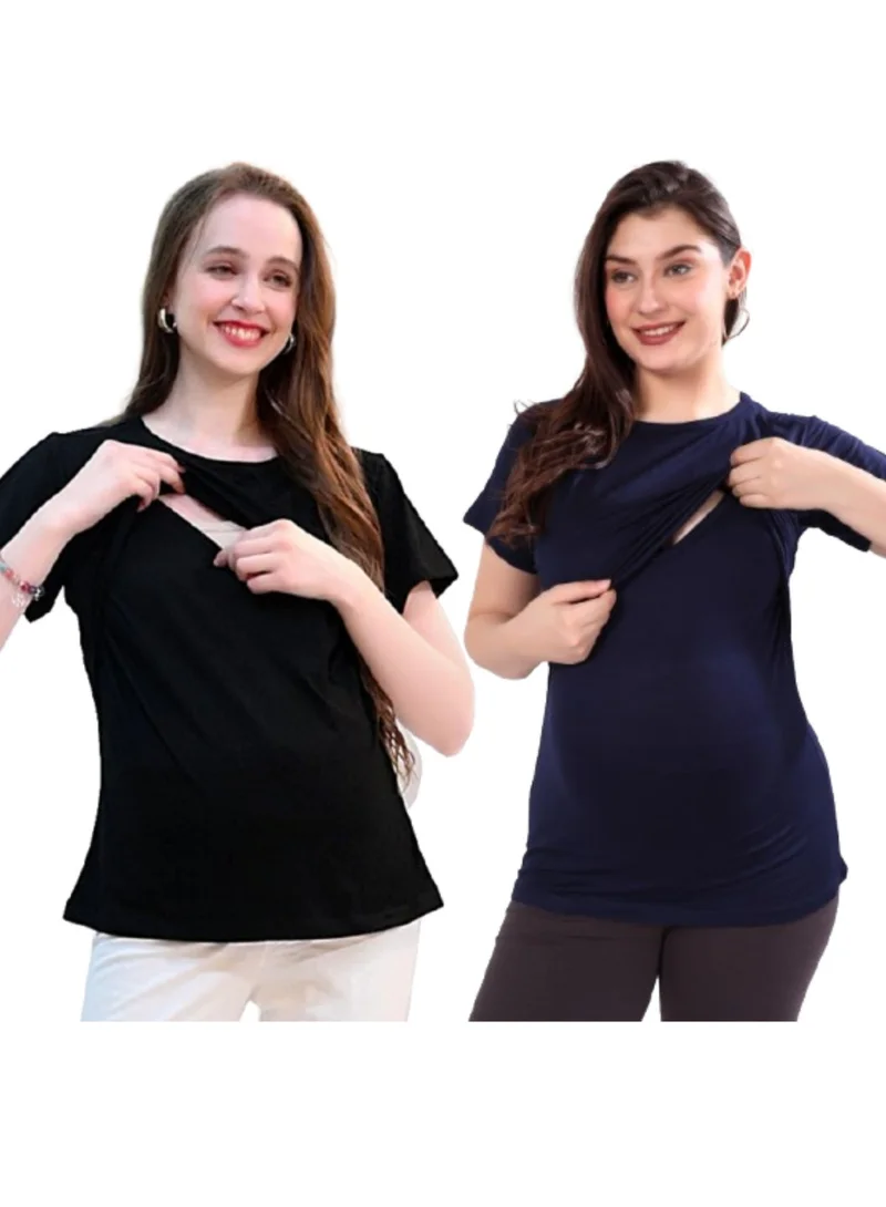 TUMMY Maternity & Nursing Double Layered Pull-On Tops Pack of 2 Black