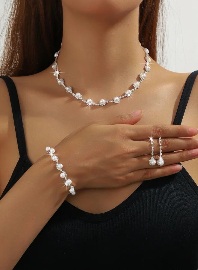 Faux Pearl Rhinestone Necklace with Bracelet and Earrings et