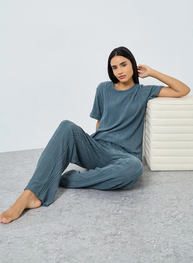 Melange Brushed Ribbed Pyjama Set Blue