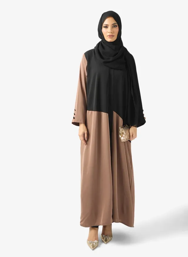 Brown Color Block Abaya with V Neck and Long Sleeves for Women – image 5