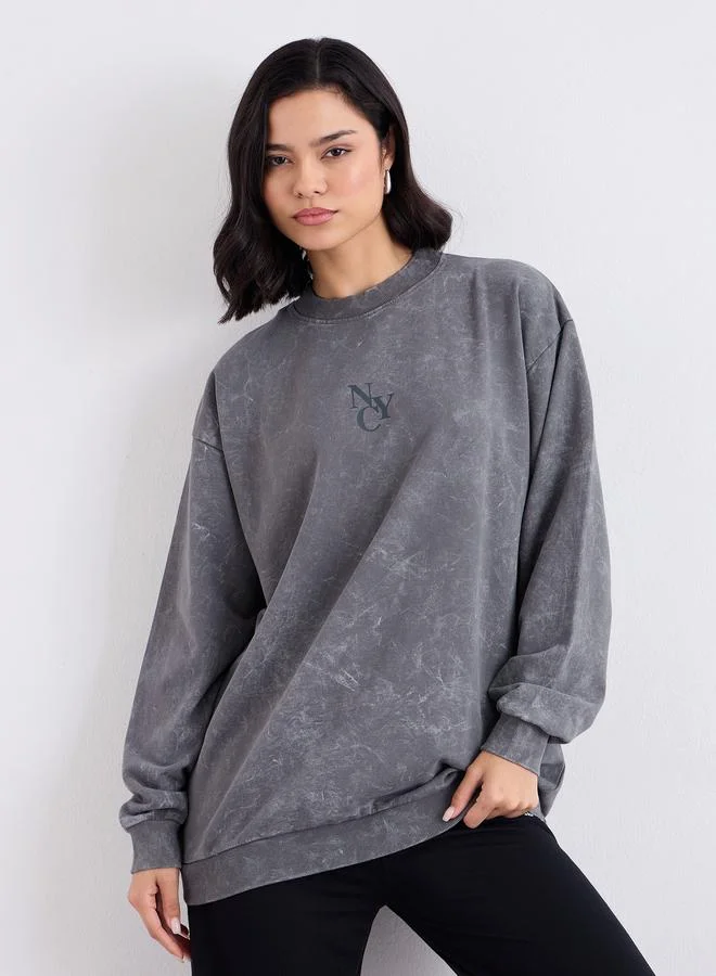 Styli Slogan Print Longline Sweatshirt Charcoal