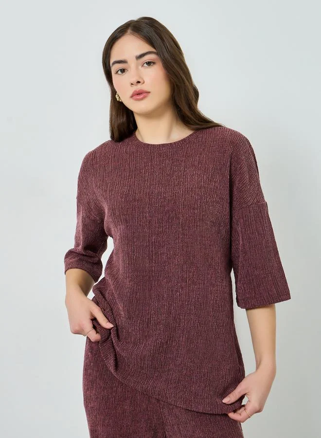 Oversized Textured Knit Top Burgundy