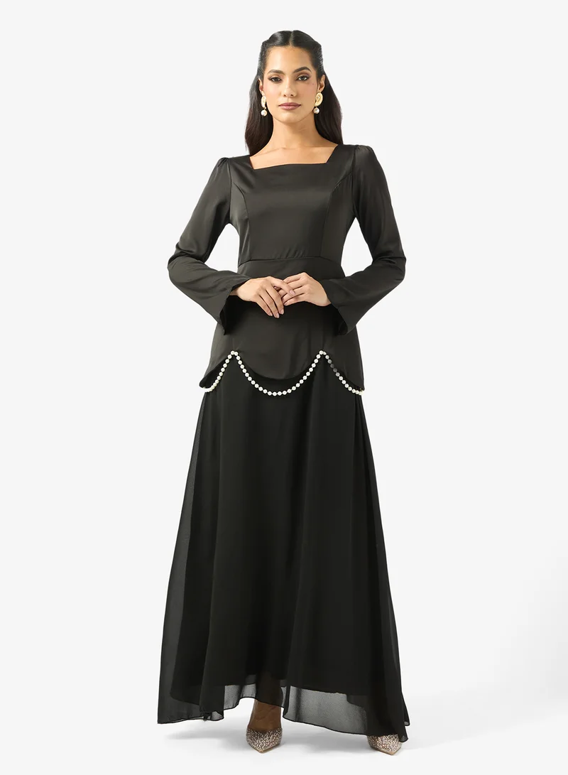 Scallop Drop Waist A-Line Dress Black