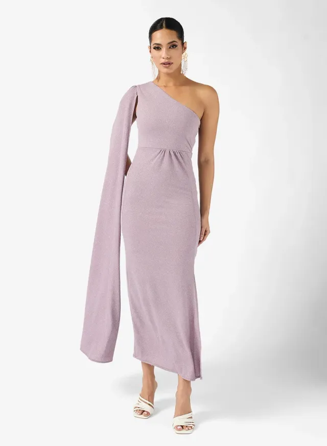 Lilac Maxi One-Shoulder Metallic Fit & Flare Dress with Side Slit – image 4