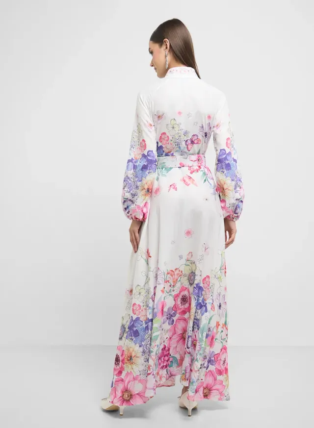 Ivory Floral Print Maxi Dress with Belt and Long Bishop Sleeves – image 2