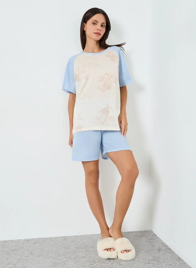 Printed Tee and Shorts Pajama Set Blue