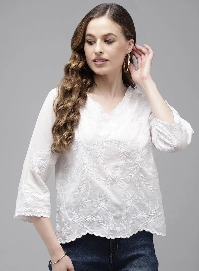 Women's Cotton Self Design A-Line Tunic White
