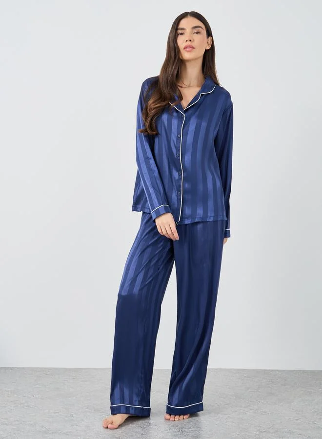 Styli Satin Jacquard Striped Pyjama Set Blue