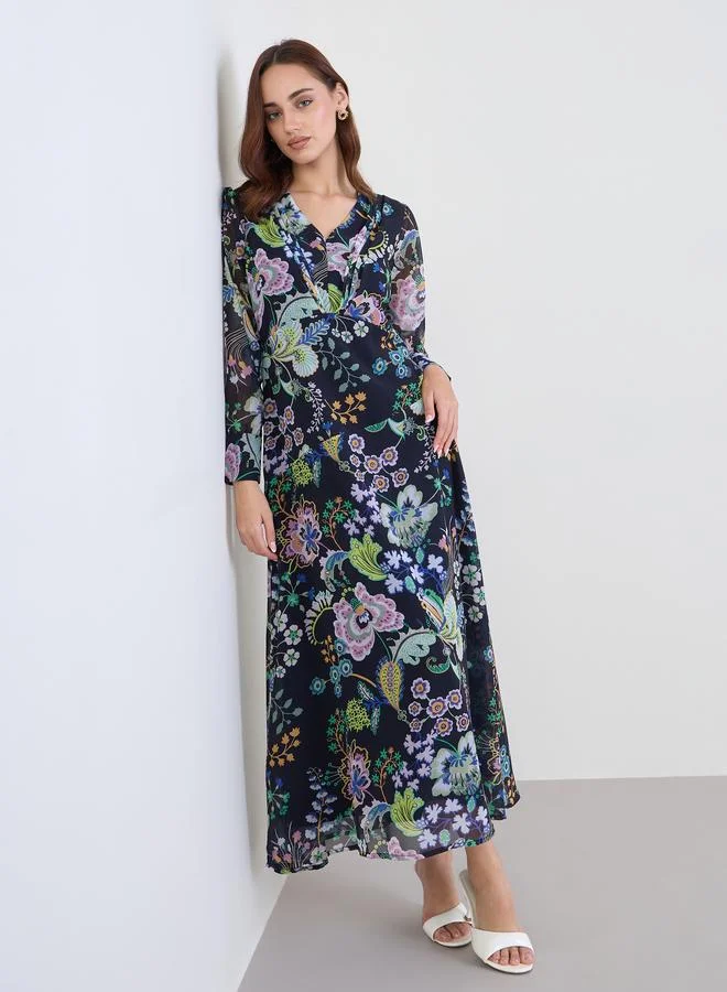 Pleated Floral Maxi Dress Midnight Blue