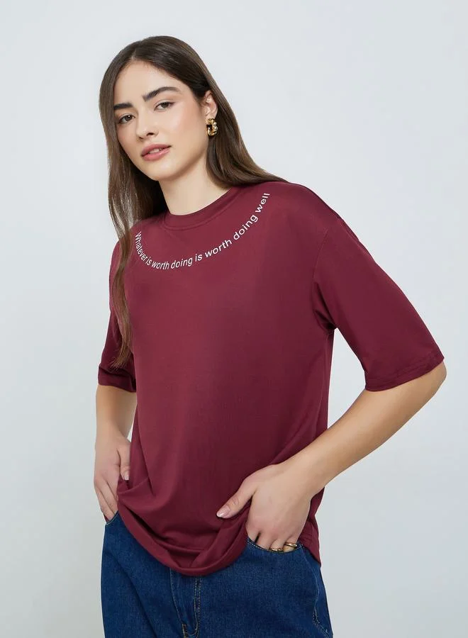 Oversized Slogan T-Shirt Burgundy