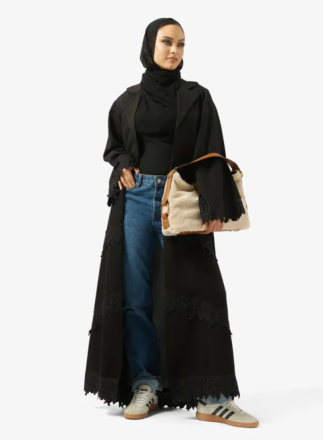 Black Embellished Abaya with Lace Details and Sheila - Ramadan Style – image 5