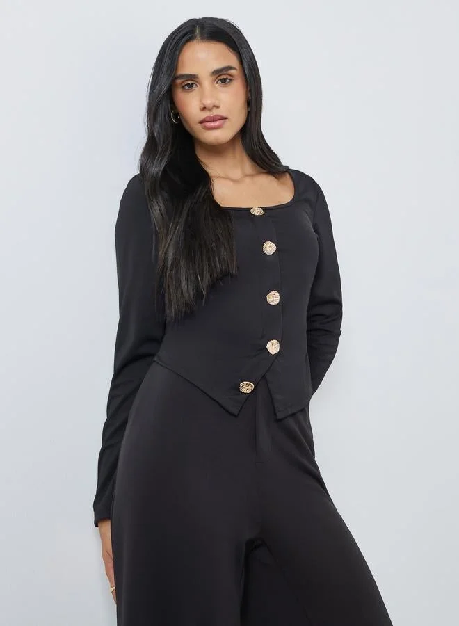 Styli Knitted Square Neck Buttoned Top Black