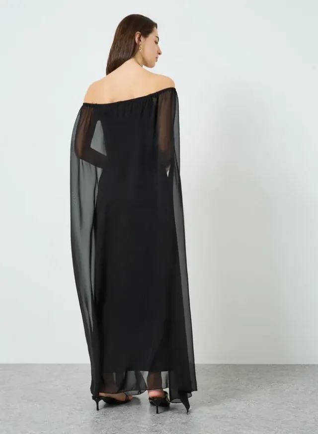 Embroidered Cape Maxi Dress Black – image 4