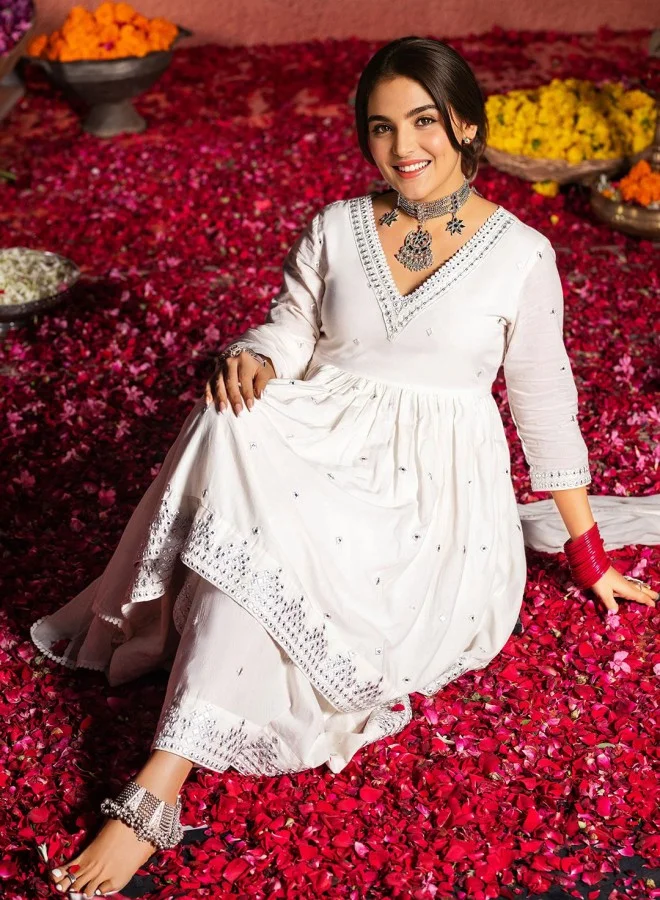 Women's Cotton Self Design Kurta Palazzo Set - White