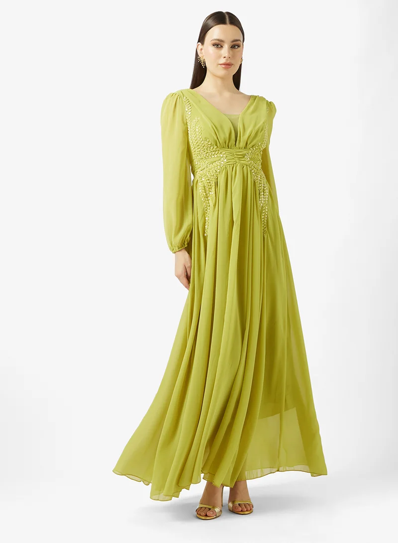 Embroidered A-Line Dress Lime Green