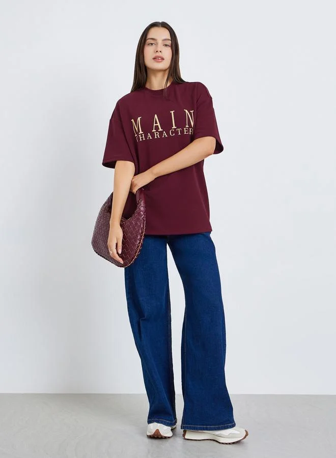 Women's Oversized Slogan T-Shirt Burgundy