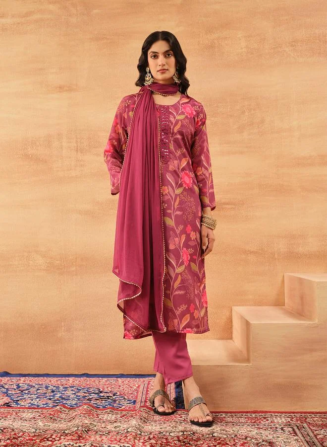 Women's Printed Chinon Kurta Palazzo Set, Deep Rose