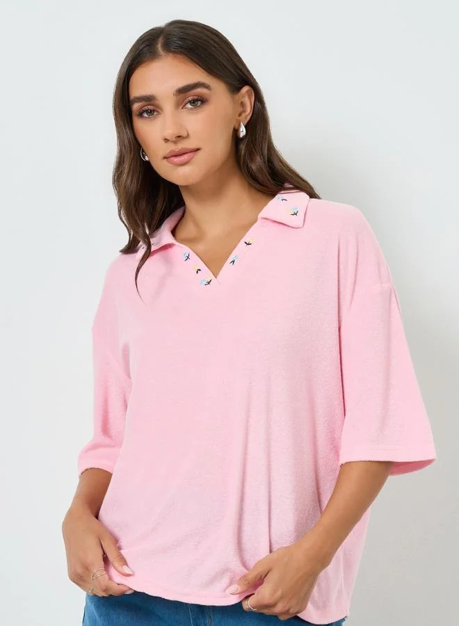 Women Embroidered Polo T-Shirt Pink