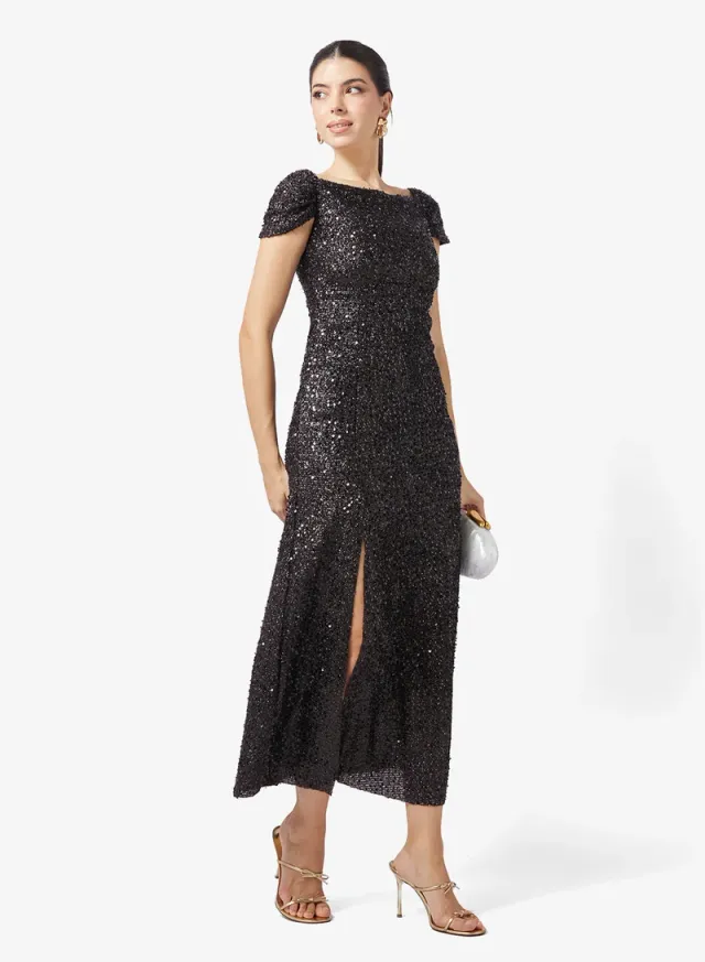 Black Off-Shoulder Embellished Midi Dress with Slit – image 4