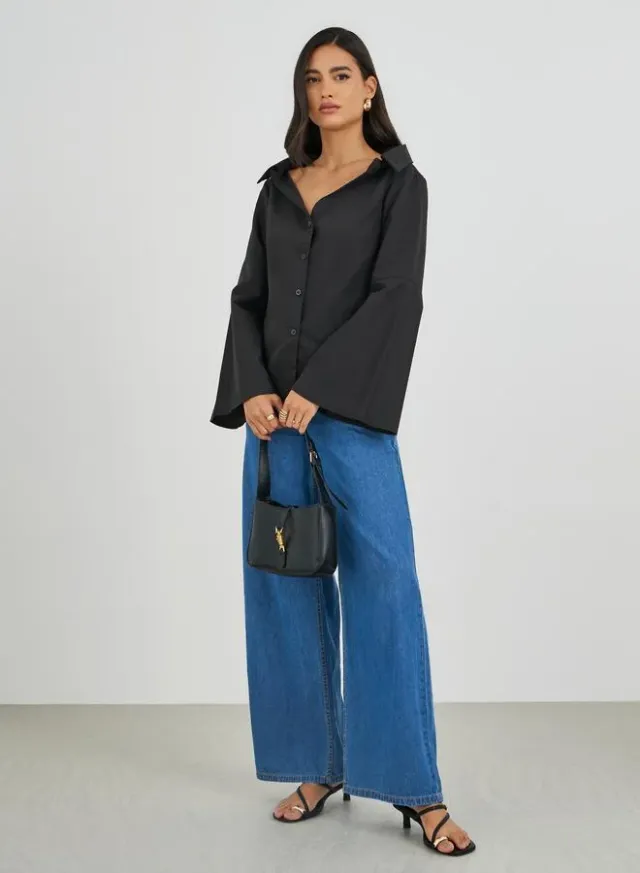 Off-Shoulder Button-Down Shirt Black – image 2