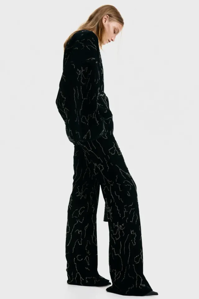 Black Velvet Beaded Embroidered Extra-Long Bootcut Trousers – image 4