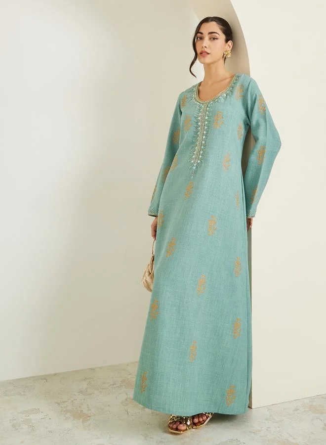 Embroidered A-Line Jalabiya Green