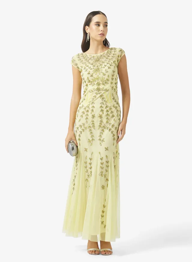 Beaded Embellished Maxi Fit & Flare Dress - Pale Yellow – image 4