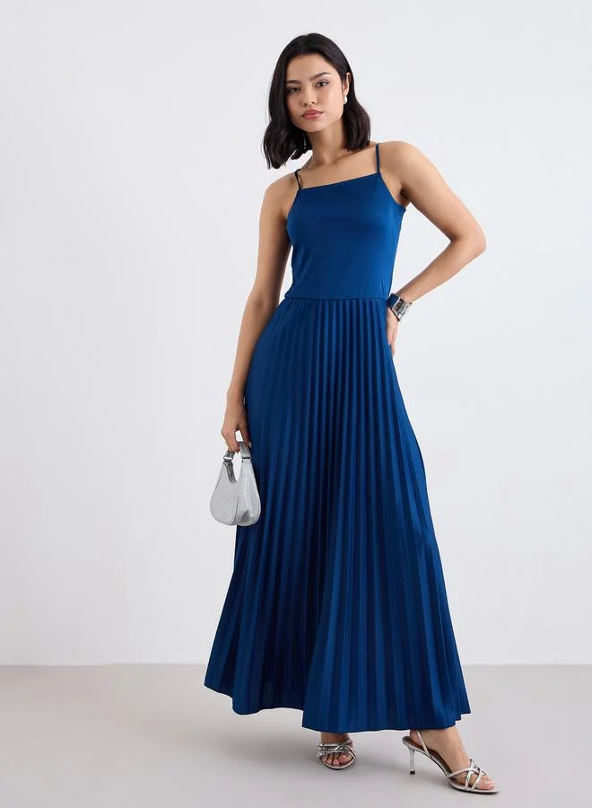 Styli Strappy Pleated Maxi Dress Deep Slate Blue