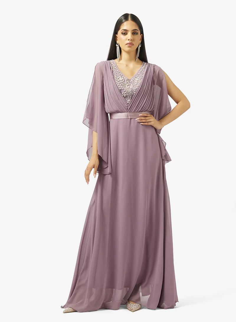Embellished Neck Flounce Sleeve A-Line Dress