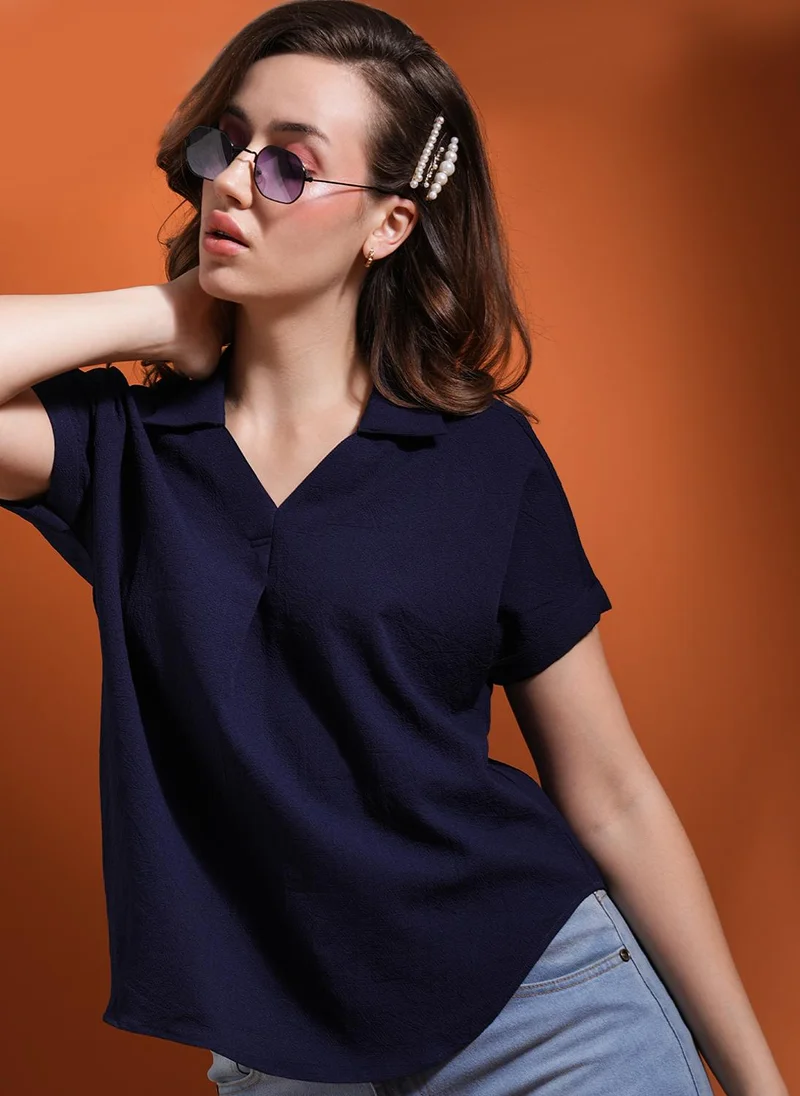 Globus Women Self Design Workwear Top Deep Navy Blue