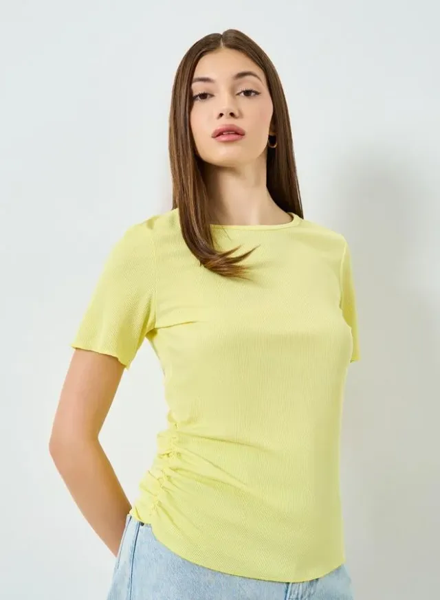 Ribbed Ruched T-Shirt Yellow